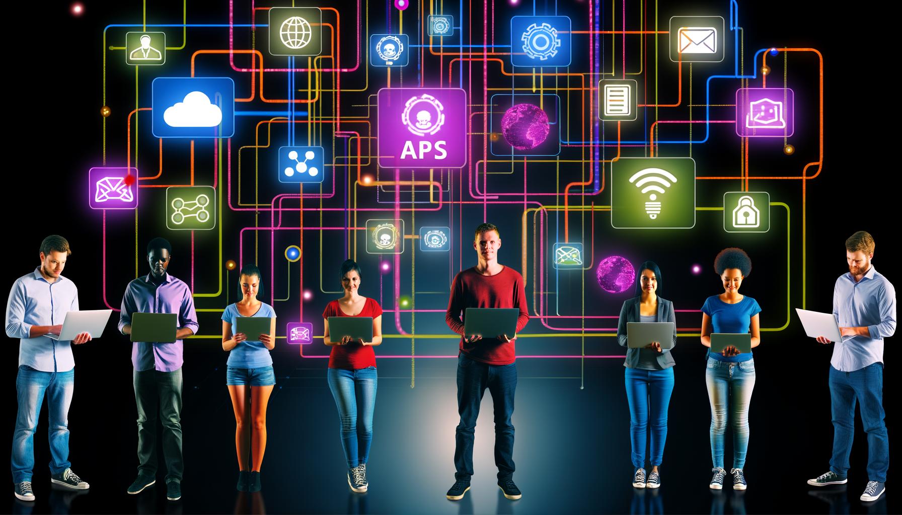 Futuristisches Marketing-Team arbeitet an Laptops vor einer vernetzten digitalen Oberfläche mit API-, Cloud- und Social-Media-Icons sowie Datenströmen.