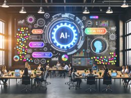 Modernes Loft-Büro einer Marketingagentur mit digitalem Screen, der KI-generierten Content zeigt, umgeben von Marketingexperten und schwebenden Statistiken.