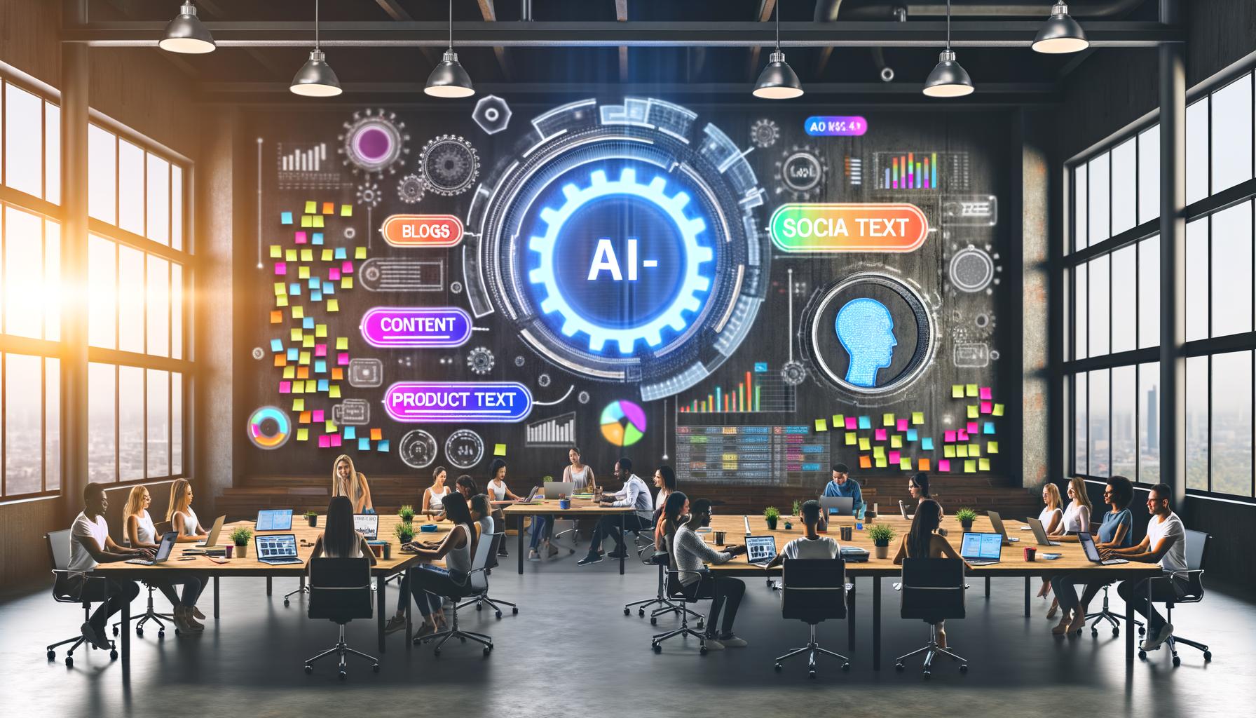 Modernes Loft-Büro einer Marketingagentur mit digitalem Screen, der KI-generierten Content zeigt, umgeben von Marketingexperten und schwebenden Statistiken.