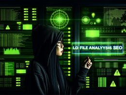 Person mit Hoodie vor Monitoren analysiert im abgedunkelten Serverraum SEO-Logfiles, umgeben von digitalen Icons und grünen Serveranzeigen.