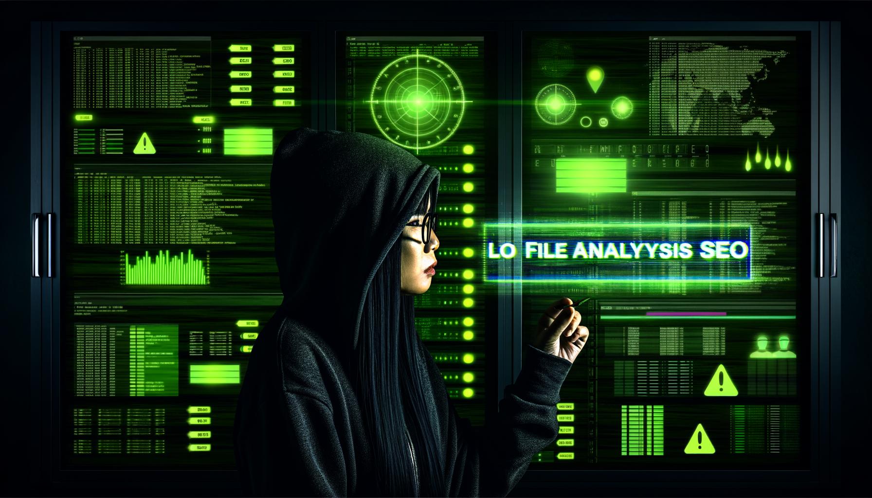 Person mit Hoodie vor Monitoren analysiert im abgedunkelten Serverraum SEO-Logfiles, umgeben von digitalen Icons und grünen Serveranzeigen.