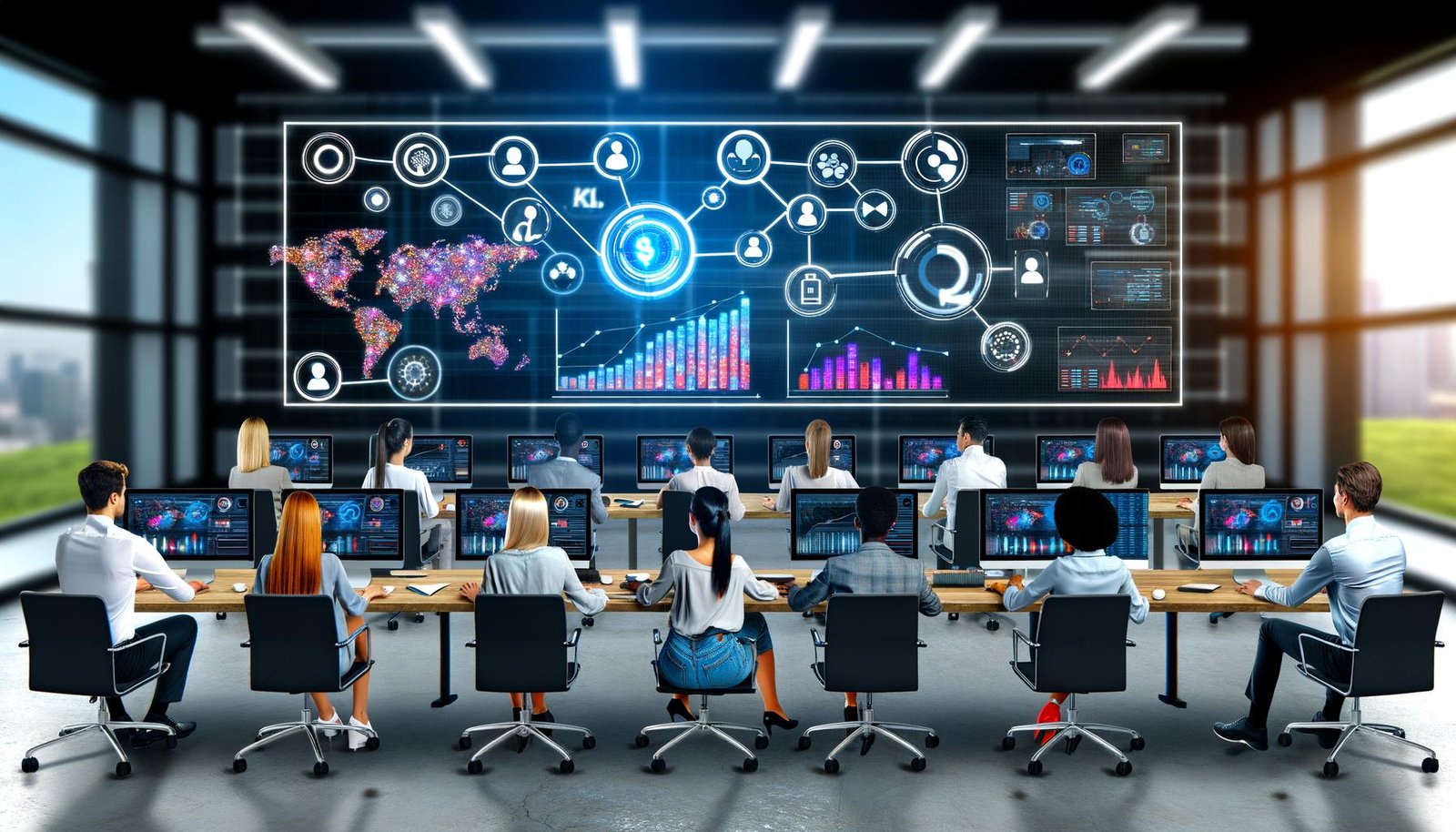 Junge Marketing-Profis in modernem Büro vor großen Monitoren mit interaktiven BI-Dashboards, Datenströme aus verschiedenen Quellen, Team diskutiert Strategien