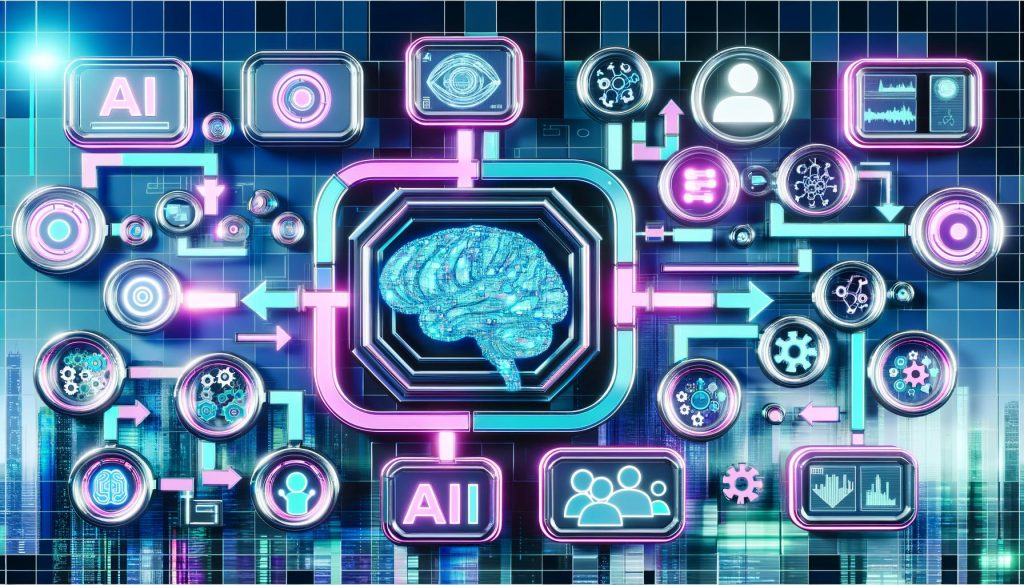 Futuristische Collage eines mehrschichtigen AI Content Stacks mit Datenpipeline, KI- und SEO-Symbolen, Überwachungspanels und menschlicher Kontrolle vor einer Großstadtkulisse in Blau, Türkis und Neonmagenta.