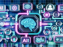 Futuristische Collage eines mehrschichtigen AI Content Stacks mit Datenpipeline, KI- und SEO-Symbolen, Überwachungspanels und menschlicher Kontrolle vor einer Großstadtkulisse in Blau, Türkis und Neonmagenta.