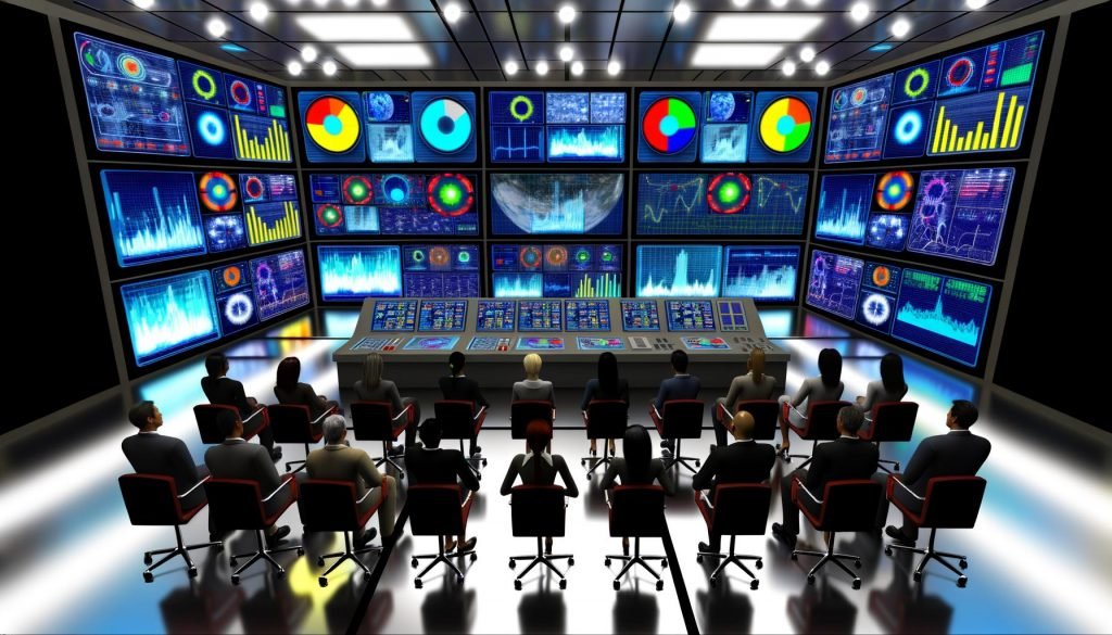 Geschäftsleute stehen in einem futuristischen Kontrollraum mit zahlreichen digitalen Bildschirmen, die bunte Analysediagramme und Datenvisualisierungen anzeigen.