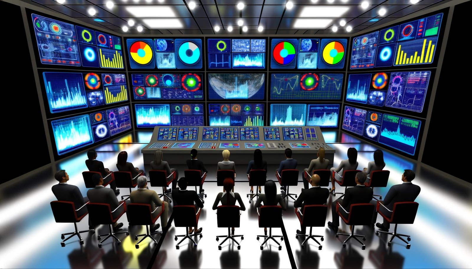 Geschäftsleute stehen in einem futuristischen Kontrollraum mit zahlreichen digitalen Bildschirmen, die bunte Analysediagramme und Datenvisualisierungen anzeigen.