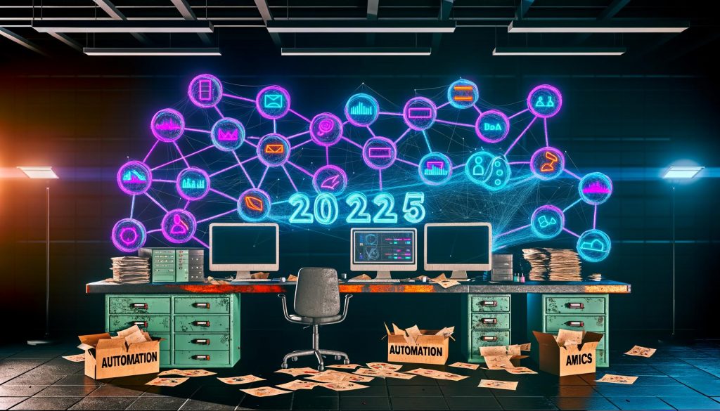 Moderner Marketing-Arbeitsplatz mit vernetzten Plattformen, Echtzeitdaten- und Automatisierungs-Neons, sowie veralteter Faxmaschine und Papieren