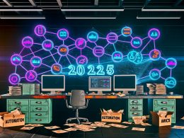 Moderner Marketing-Arbeitsplatz mit vernetzten Plattformen, Echtzeitdaten- und Automatisierungs-Neons, sowie veralteter Faxmaschine und Papieren