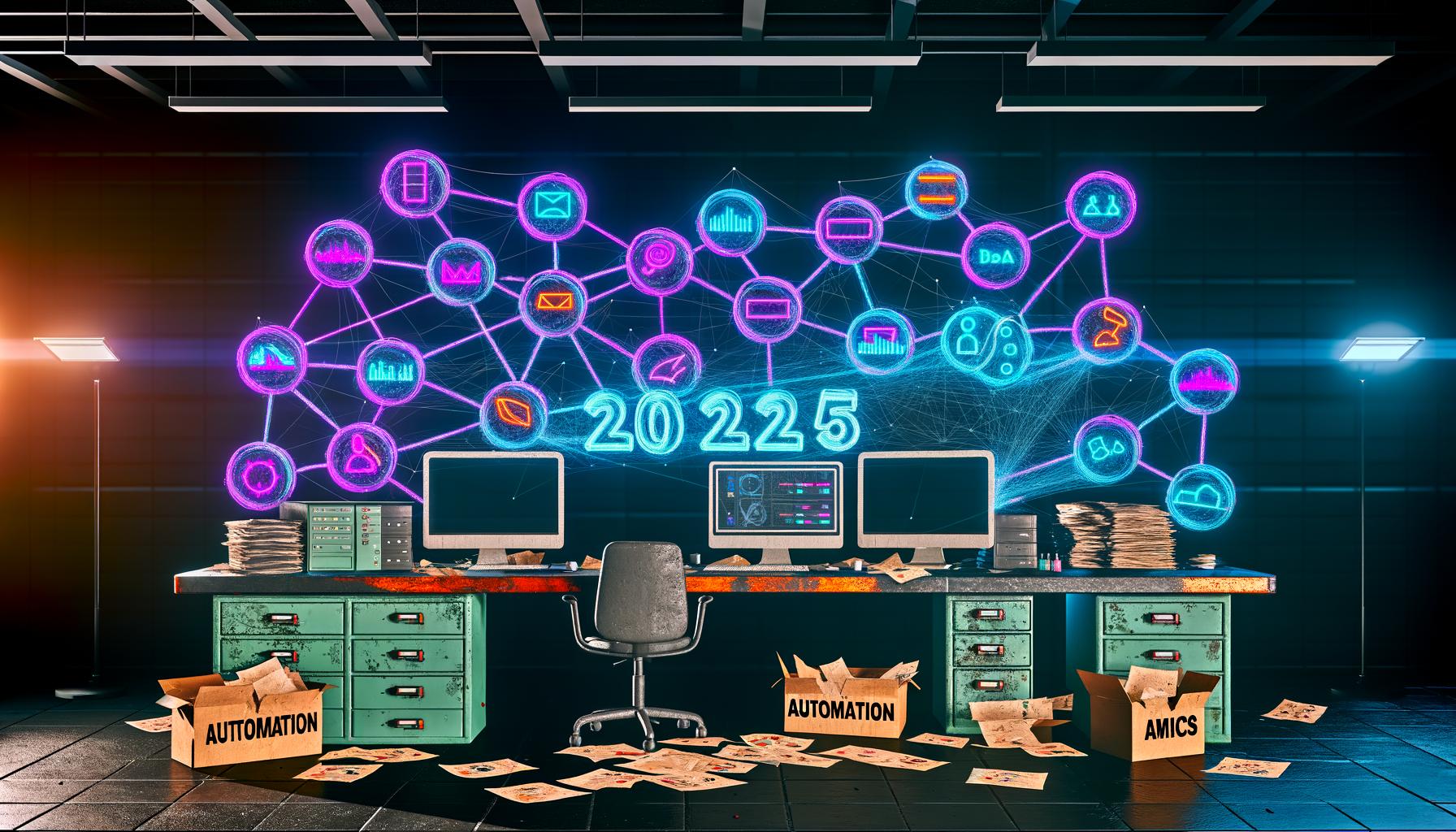 Moderner Marketing-Arbeitsplatz mit vernetzten Plattformen, Echtzeitdaten- und Automatisierungs-Neons, sowie veralteter Faxmaschine und Papieren