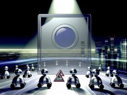 Digitale Landschaft mit einer großen schwebenden robots.txt-Datei, umgeben von stilisierten Crawler-Symbolen, vor einer futuristischen Großstadt-Skyline.