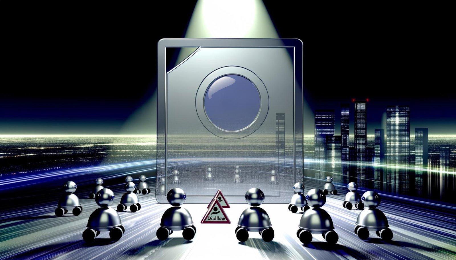 Digitale Landschaft mit einer großen schwebenden robots.txt-Datei, umgeben von stilisierten Crawler-Symbolen, vor einer futuristischen Großstadt-Skyline.