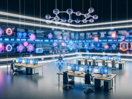 Futuristisches Kontrollzentrum mit Content-Strategen und KI-Experten vor großen Bildschirmen, die Datenvisualisierungen und semantische Netze zeigen; im Hintergrund LED-Strukturen, digitale Diagramme und Workflow-Grafiken.