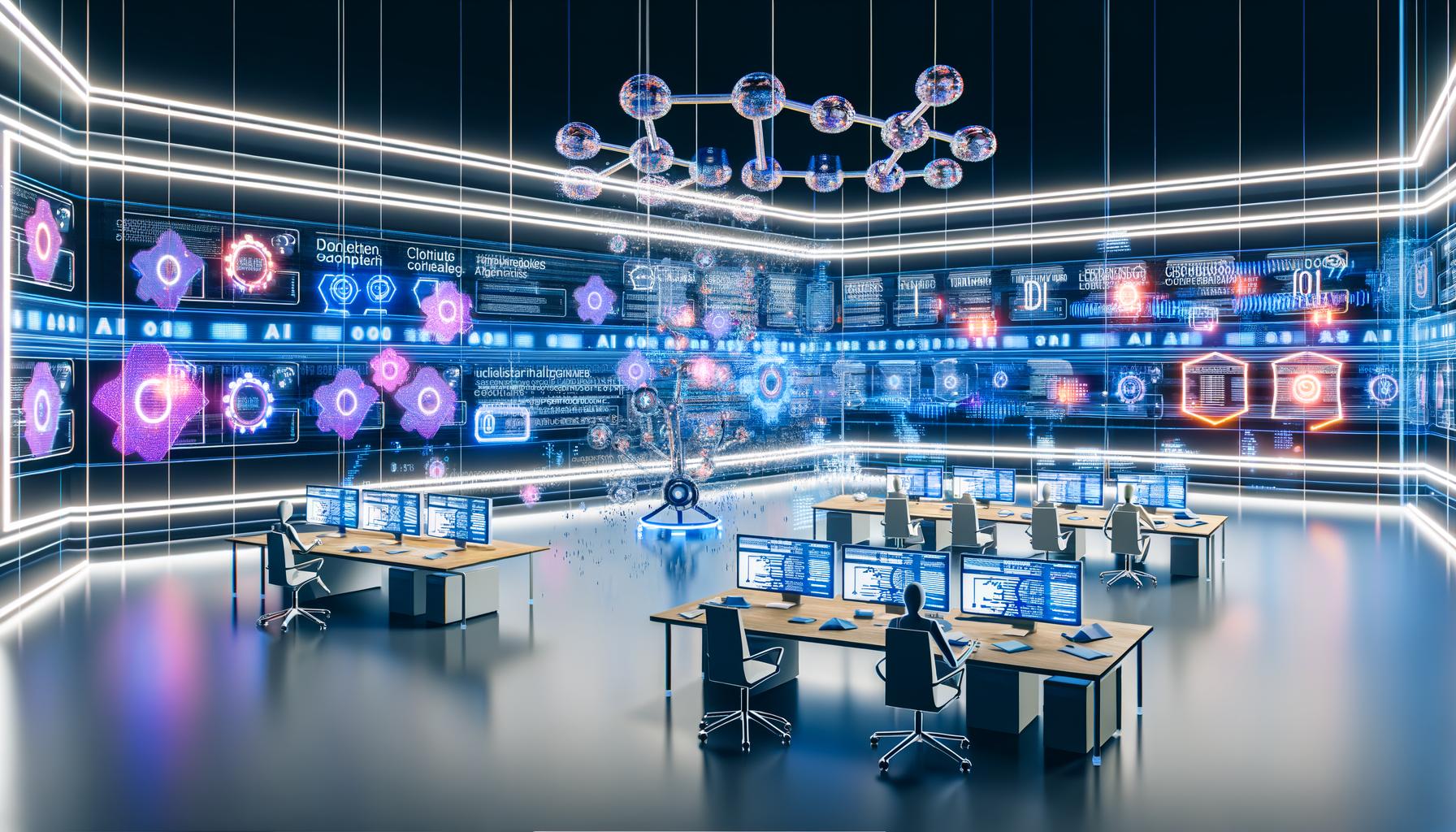 Futuristisches Kontrollzentrum mit Content-Strategen und KI-Experten vor großen Bildschirmen, die Datenvisualisierungen und semantische Netze zeigen; im Hintergrund LED-Strukturen, digitale Diagramme und Workflow-Grafiken.