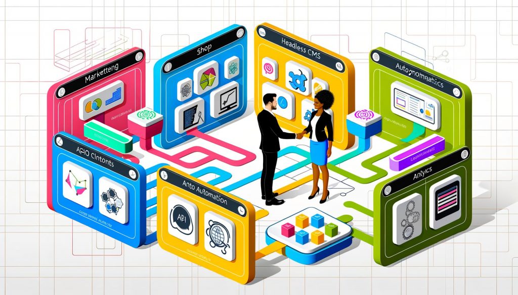 Futuristische Illustration eines nahtlos vernetzten Marketing-Ökosystems mit API-Bausteinen, Datenströmen, modernen UI-Elementen und der Zusammenarbeit von Marketer und Entwickler.