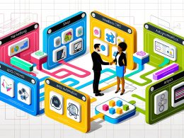 Futuristische Illustration eines nahtlos vernetzten Marketing-Ökosystems mit API-Bausteinen, Datenströmen, modernen UI-Elementen und der Zusammenarbeit von Marketer und Entwickler.