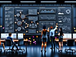 Moderne Tech-Office-Szene mit großem Monitor, das ein Dashboard mit Datenflüssen, KPIs und unterschiedlichen Fachkräften zeigt.