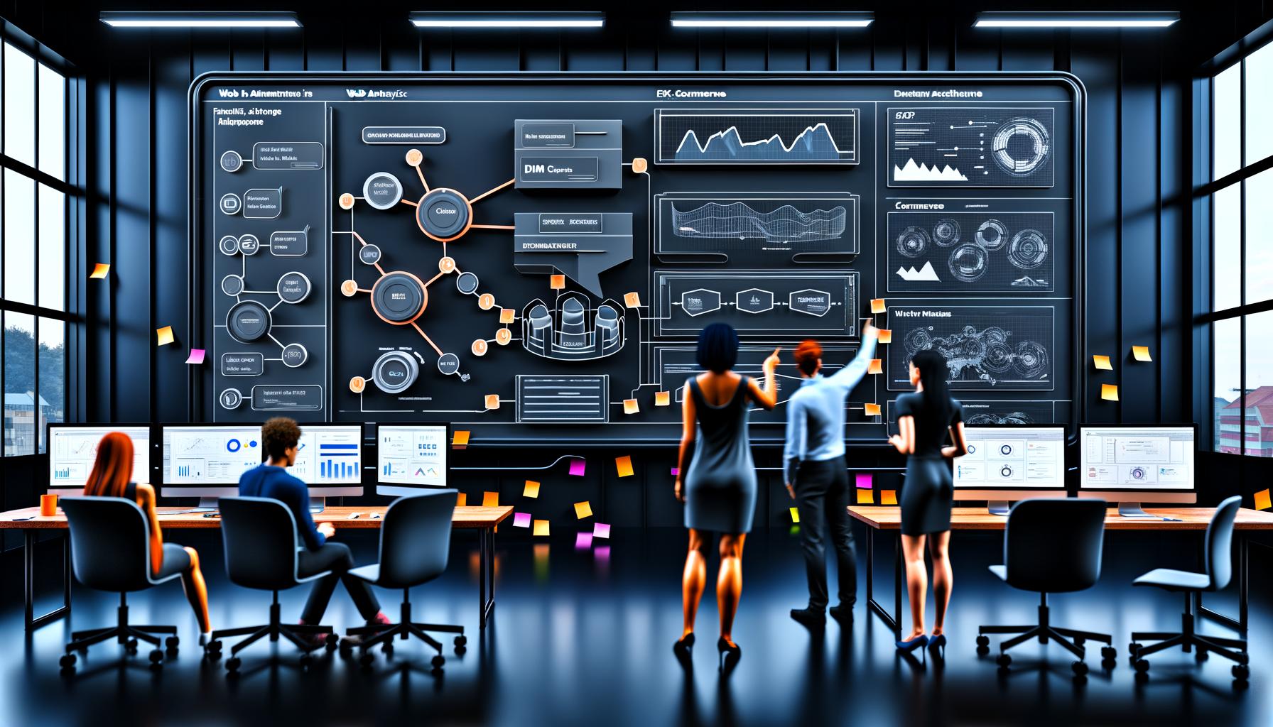 Moderne Tech-Office-Szene mit großem Monitor, das ein Dashboard mit Datenflüssen, KPIs und unterschiedlichen Fachkräften zeigt.