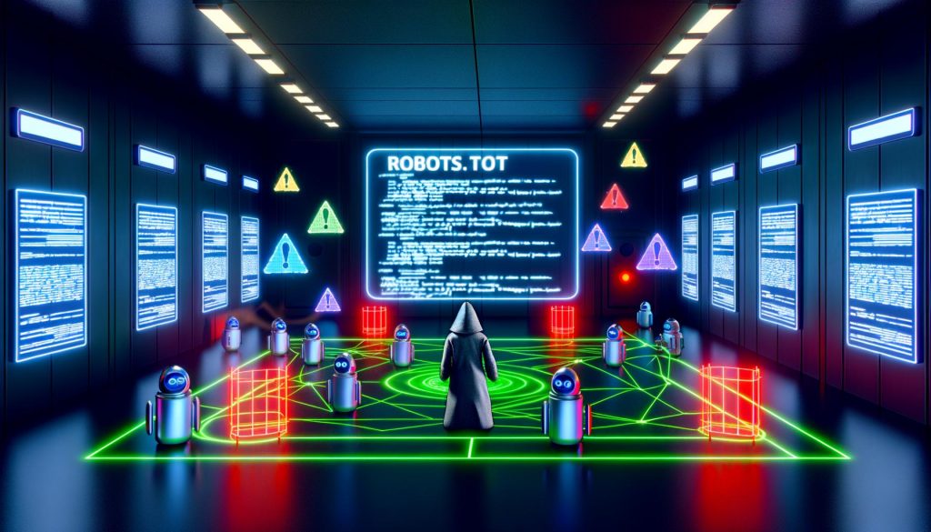 Futuristischer Kontrollraum mit SEO-Experte, der eine übergroße robots.txt-Datei überprüft, während Googlebot und Bingbot an digitalen Barrieren einer stilisierten Website-Struktur stehen.