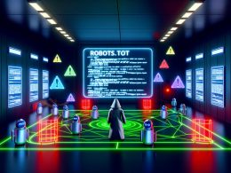 Futuristischer Kontrollraum mit SEO-Experte, der eine übergroße robots.txt-Datei überprüft, während Googlebot und Bingbot an digitalen Barrieren einer stilisierten Website-Struktur stehen.