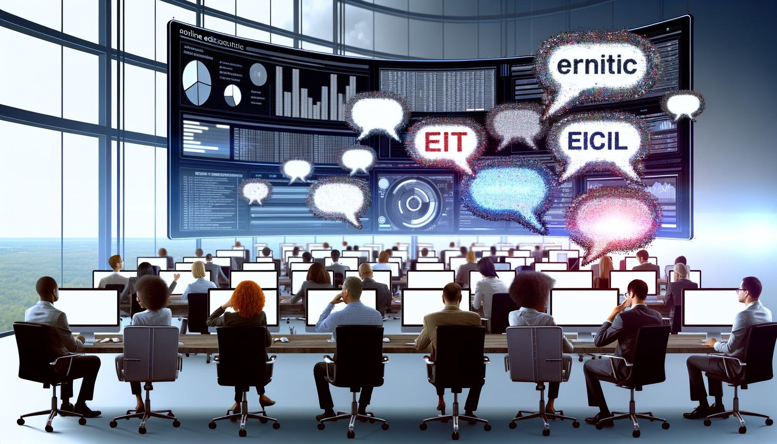 Moderne Redaktion mit Online-Marketing-Profis vor Monitoren, leeren Redaktionsplänen, stagnierenden Traffic-Statistiken und leuchtendem Dashboard; digitale KI-Content-Tools erzeugen kreative Textblasen.