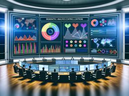 Modernes Analytics Control Room mit zentralem Dashboard, das interaktive Datenvisualisierungen und Echtzeitdaten aus Web, CRM, Social Media und E-Commerce anzeigt. Umgeben von fokussierten Marketern an Touchscreens.