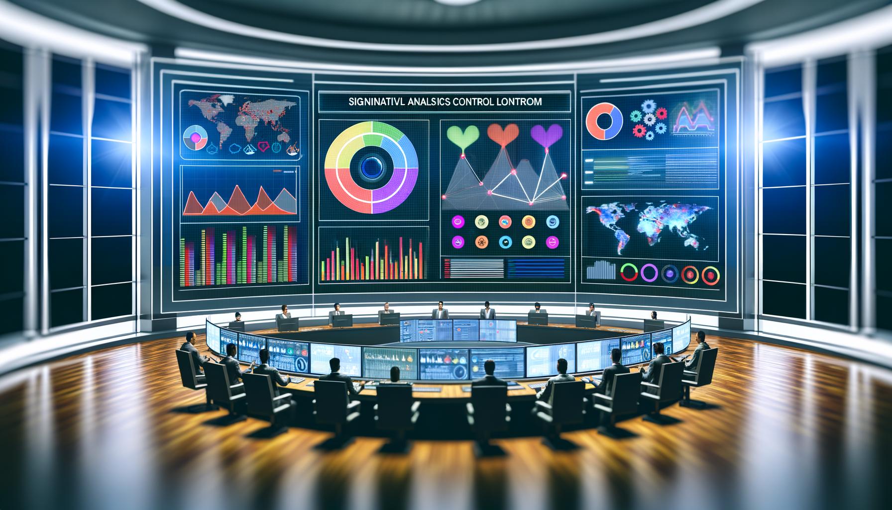 Modernes Analytics Control Room mit zentralem Dashboard, das interaktive Datenvisualisierungen und Echtzeitdaten aus Web, CRM, Social Media und E-Commerce anzeigt. Umgeben von fokussierten Marketern an Touchscreens.