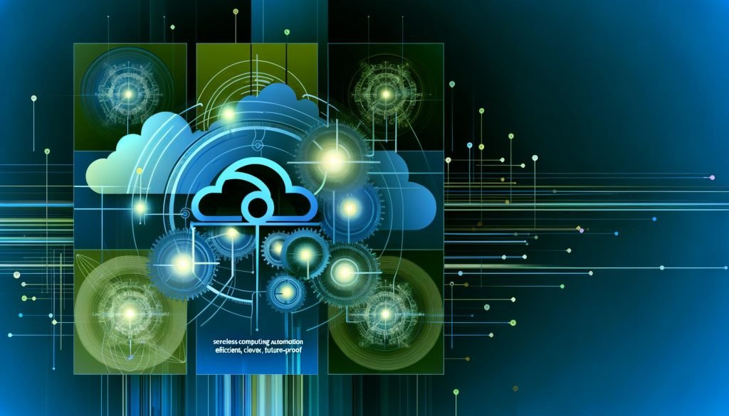 Modernes Titelbild mit stilisiertem AWS Lambda Zeichen, leuchtenden Zahnrädern und Event-Knoten vor digitaler Cloud-Architektur in Blau-Grün-Farben.