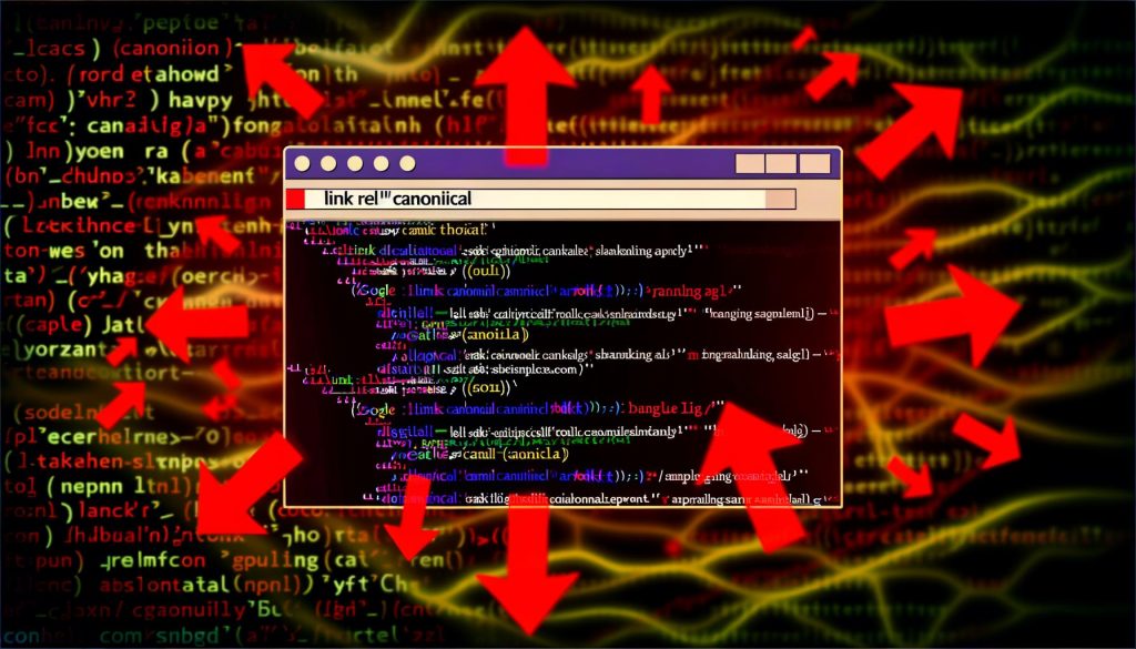 HTML-Head-Bereich mit leuchtendem Canonical-Tag im modernen Code-Editor, im Hintergrund chaotische URL-Strukturen, umgeben von Suchmaschinen-Icons, Warnsymbolen und abwärts zeigenden Ranking-Pfeilen.