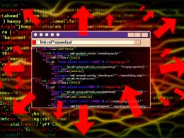 HTML-Head-Bereich mit leuchtendem Canonical-Tag im modernen Code-Editor, im Hintergrund chaotische URL-Strukturen, umgeben von Suchmaschinen-Icons, Warnsymbolen und abwärts zeigenden Ranking-Pfeilen.