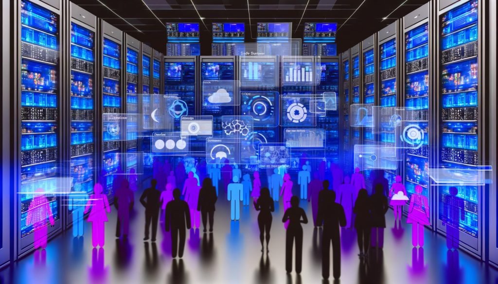 Futuristischer Serverraum mit arbeitenden Marketing- und Entwicklerteams vor Event-Tracking-Dashboards, verbunden über Icons von Google Tag Manager, Analytics und Consent Management; im Hintergrund Schatten von Useraktionen.