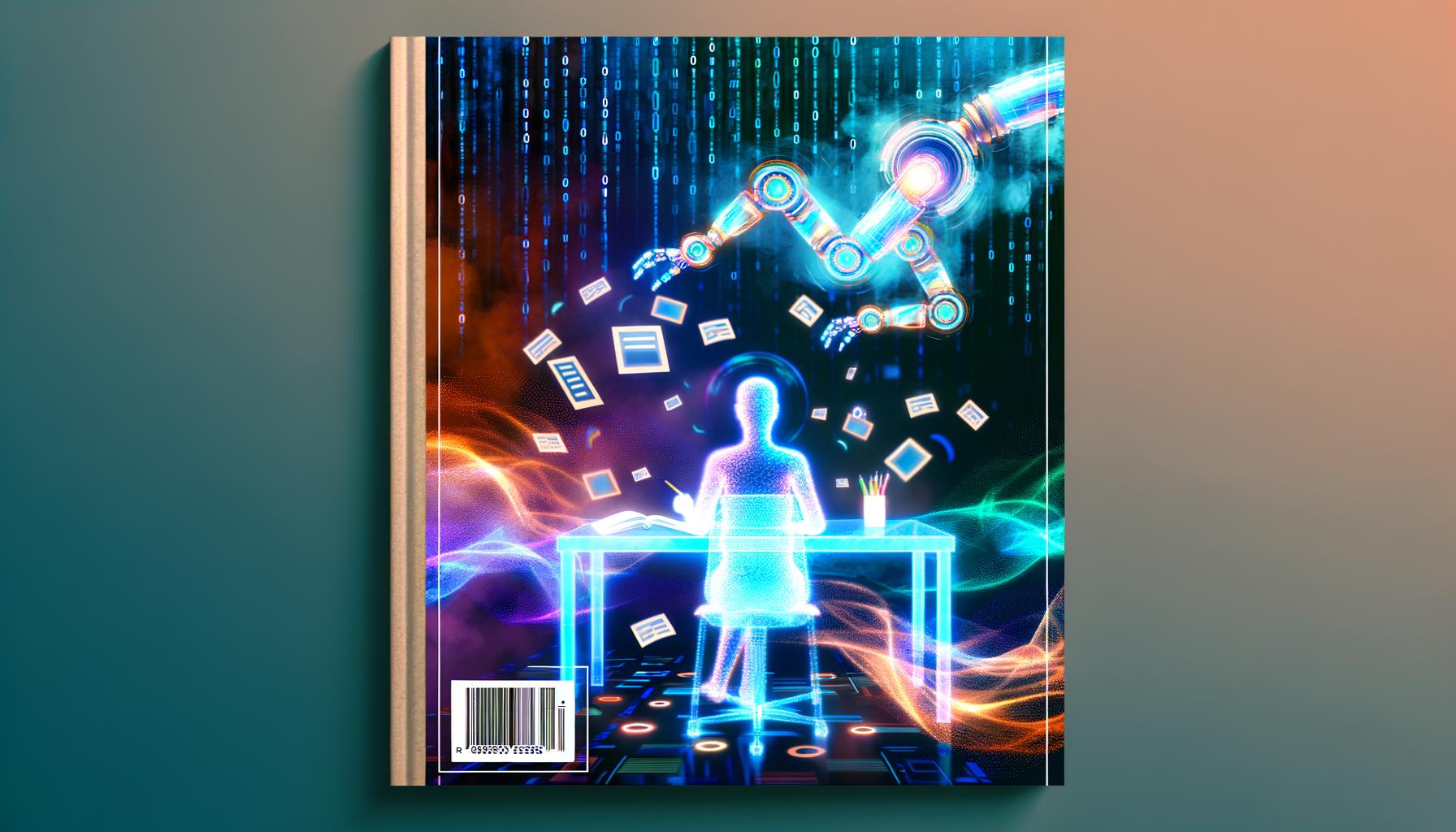 Futuristisches Titelbild eines Schreibtischs mit einer schreibenden Person, einem schwebenden Roboterarm und leuchtenden, holografischen Kreativbuttons zwischen binären Codes und kreativen Farbakzenten.