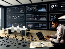 Modernes Büro mit großen Bildschirmen, die ein interaktives Dashboard im dunklen UX-Stil zeigen, umgeben von Icons verschiedener Marketing-Datenquellen. Im Vordergrund arbeitet ein Digital Marketer mit Tablet und Laptop.