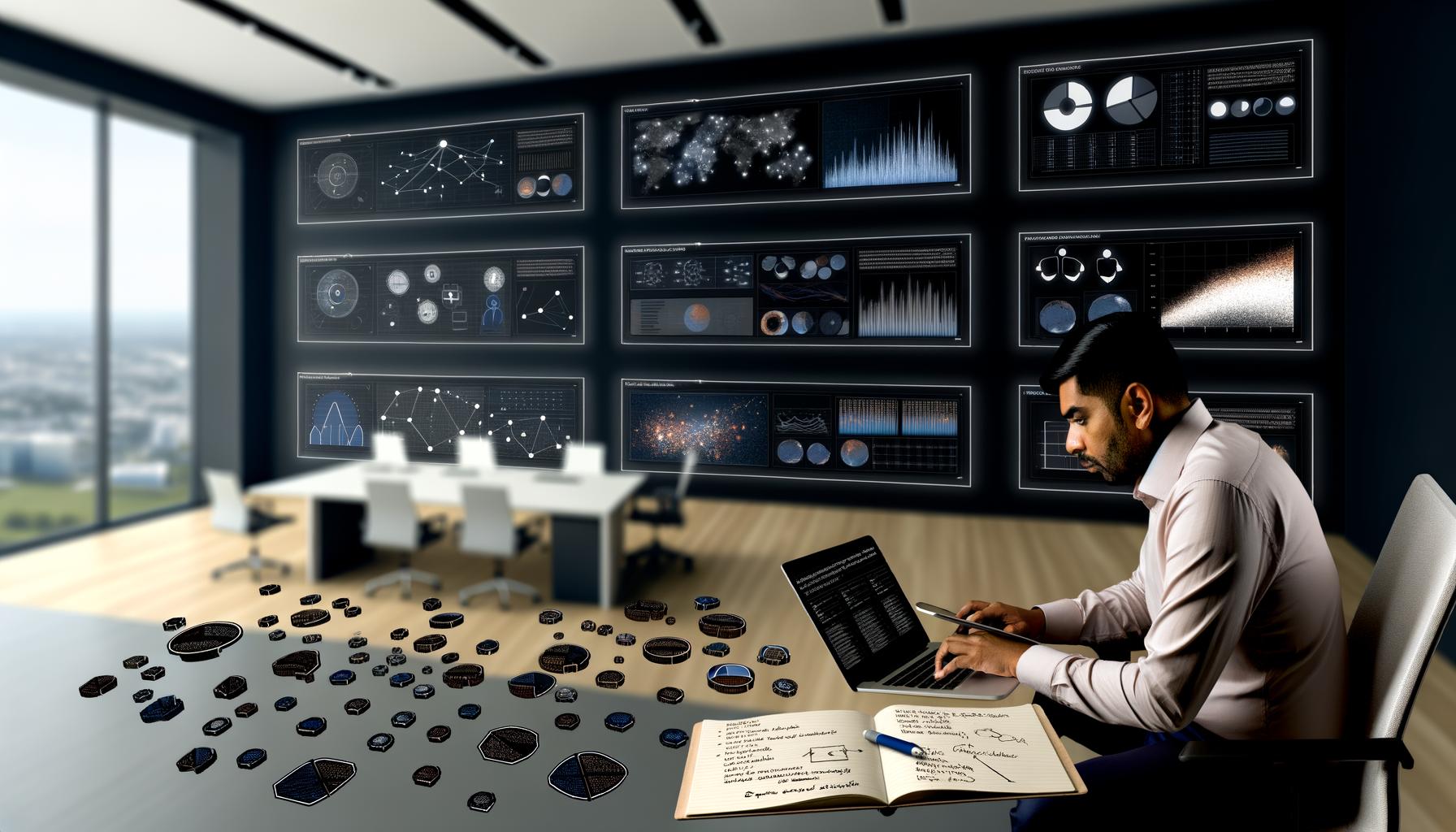 Modernes Büro mit großen Bildschirmen, die ein interaktives Dashboard im dunklen UX-Stil zeigen, umgeben von Icons verschiedener Marketing-Datenquellen. Im Vordergrund arbeitet ein Digital Marketer mit Tablet und Laptop.