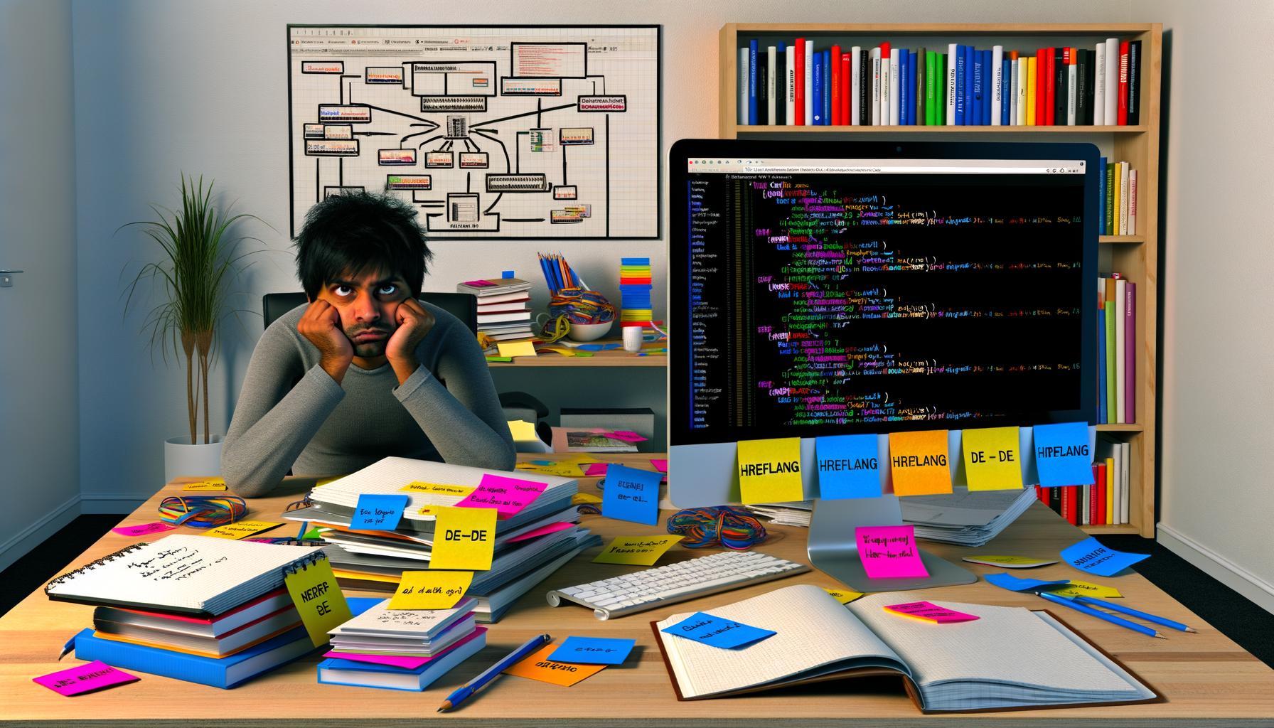 Überfüllter Schreibtisch in einem modernen Büro mit Webseiten-Layouts, HTML-Code-Skizzen, bunten Post-its mit hreflang-Kombinationen, einem Diagramm auf dem Monitor und einer leeren Google-SERP auf einem zweiten Bildschirm.