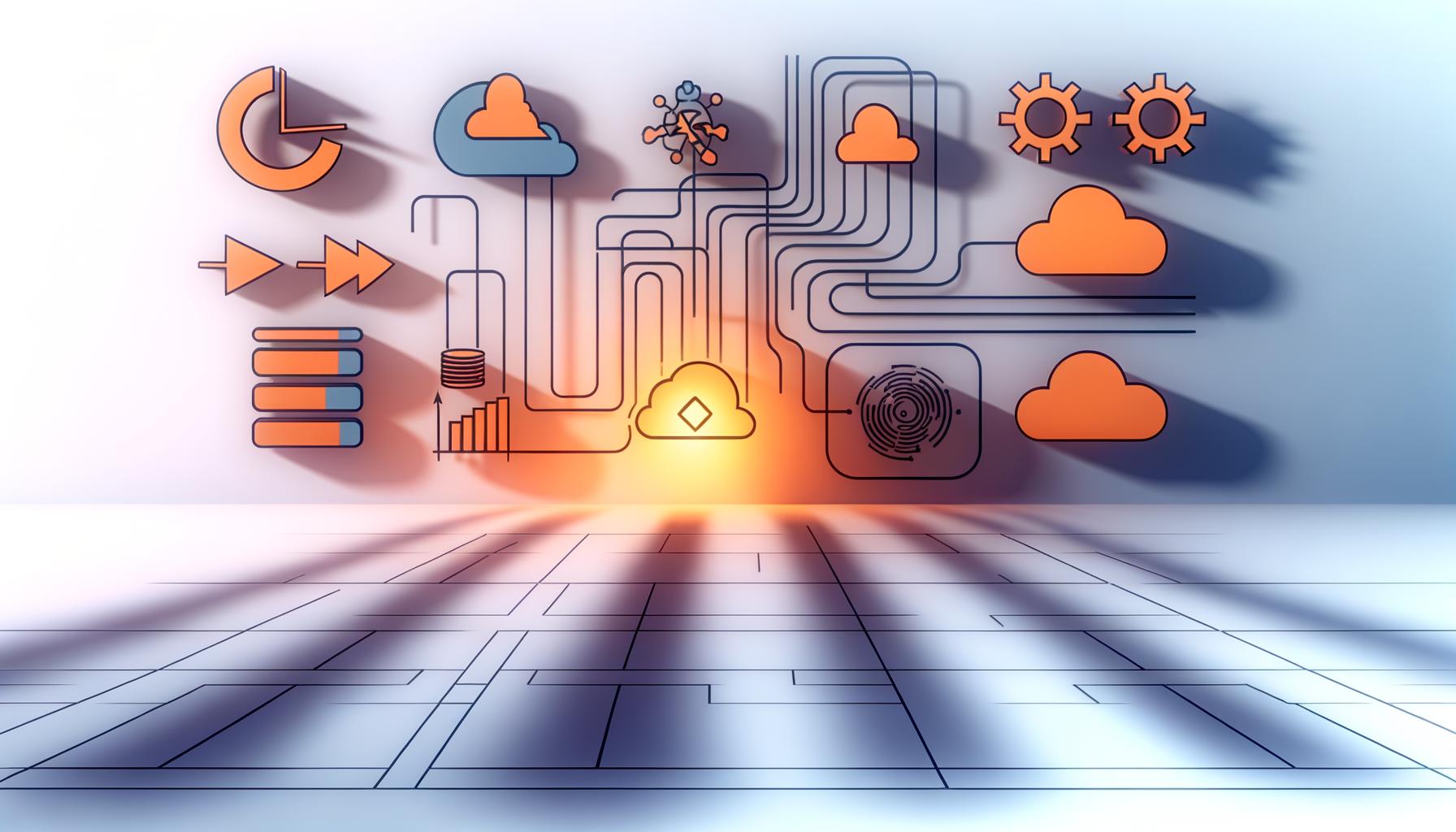 Stilvolle Darstellung eines Serverraums im Nebel mit leuchtendem AWS Lambda-Logo im Vordergrund, abstrahierten Funktionssymbolen, Workflow-Diagrammen, Event-Icons und Gegenüberstellung von Vorteilen und Herausforderungen beim Einsatz von AWS Lambda.