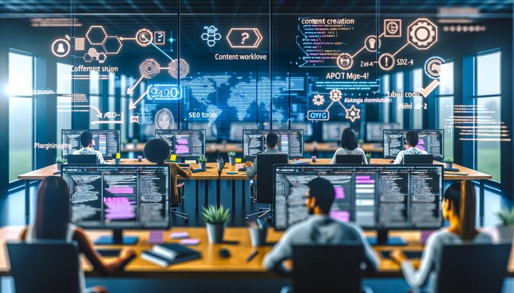 Arbeitsplatz mit mehreren Bildschirmen, die Content-Tools, KI-Analysen, GPT-4 und SEO-Werkzeuge zeigen, während ein diverses Marketing-Team kollaboriert.