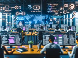 Arbeitsplatz mit mehreren Bildschirmen, die Content-Tools, KI-Analysen, GPT-4 und SEO-Werkzeuge zeigen, während ein diverses Marketing-Team kollaboriert.