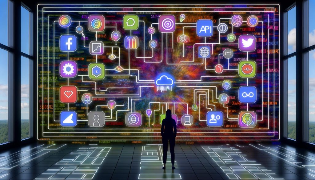 Illustrationen eines modernen Analytics-Büros mit Dashboards, vernetzten Datenströmen, Tool-Icons wie Google Analytics, Tableau, Zapier sowie Sicherheitssymbolen, die technische Herausforderungen, Prozessschritte und Best Practices beim Datenmanagement darstellen.