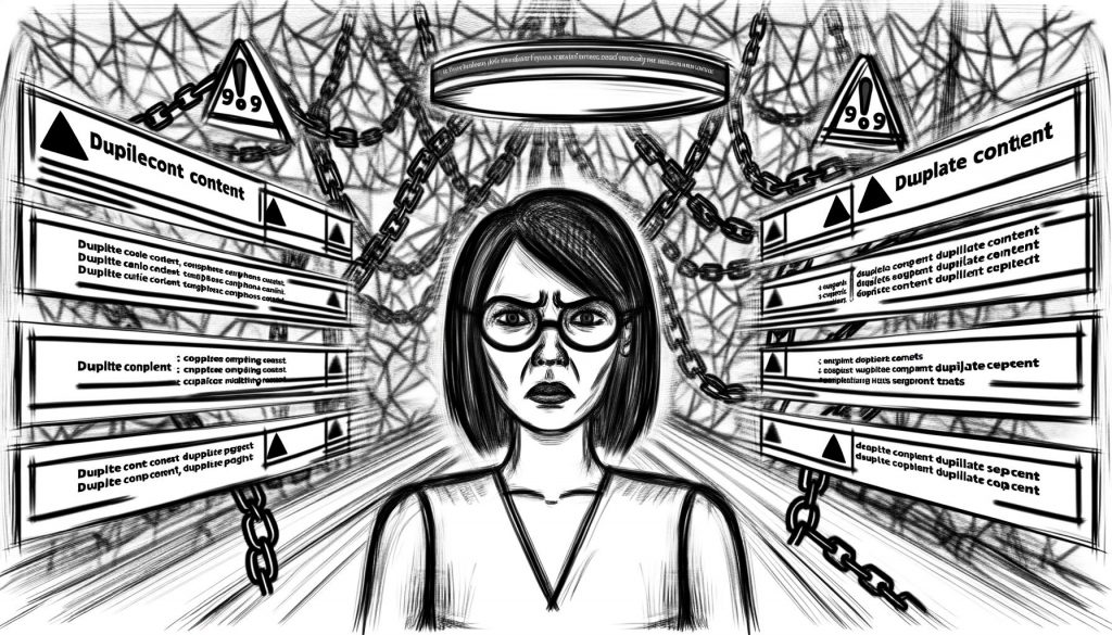 Illustration eines SEO-Spezialisten, der von doppeltem Content, Ghost-Websites und sinkenden Suchmaschinen-Rankings bedroht wird, mit Google-Logo im Hintergrund.