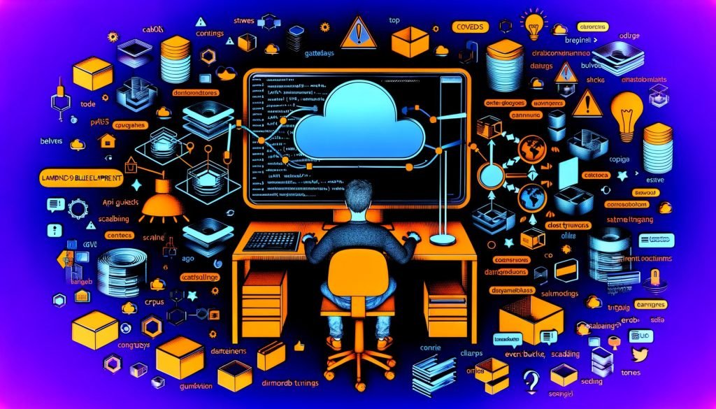 Illustration eines Entwicklers am Schreibtisch vor einem großen Bildschirm mit einem digitalen AWS-Lambda-Blueprint, umgeben von Server-Icons, Event-Triggern und Cloud-Architektur-Elementen im modernen Editorial-Stil.