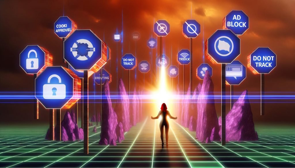 Illustration eines digitalen Schlachtfelds mit Adblocker-Icons, Cookie-Hinweisen und Do-Not-Track-Bannern als Hindernisse, ein leuchtender Proxy-Server verbindet eine Website mit führenden Analyseplattformen.