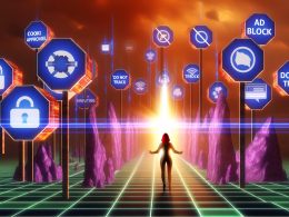 Illustration eines digitalen Schlachtfelds mit Adblocker-Icons, Cookie-Hinweisen und Do-Not-Track-Bannern als Hindernisse, ein leuchtender Proxy-Server verbindet eine Website mit führenden Analyseplattformen.