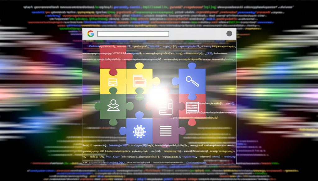 Leuchtende Suchmaschine hebt strukturierte Datenblöcke aus einer modernen Website hervor, mit JSON-LD, Produkt-, FAQ- und Event-Icons, während unscharfe Webseiteninhalte im Hintergrund verschwimmen.