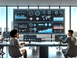 Helles, modernes Büro mit großen Fensterfronten und zentralem digitalen Dashboard auf großem Monitor, das verschiedene Charts, Heatmaps und Echtzeitdaten zeigt. Drei konzentrierte Personen analysieren gemeinsam Daten und Trends.