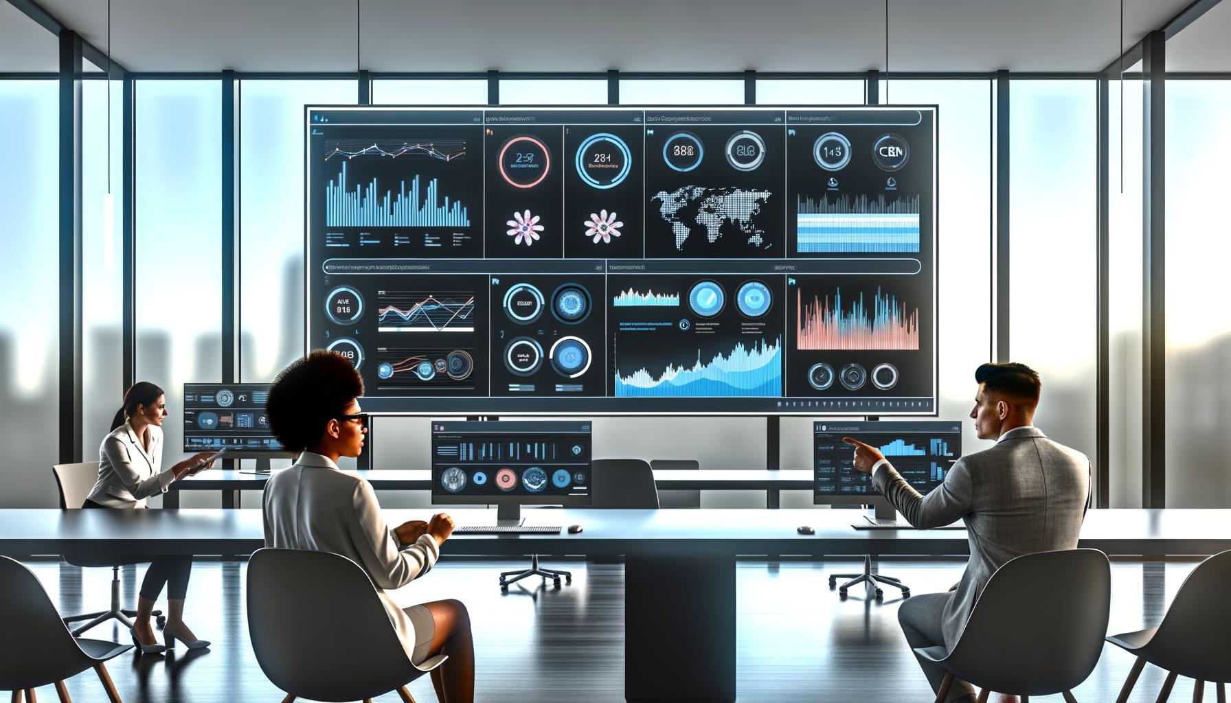 Helles, modernes Büro mit großen Fensterfronten und zentralem digitalen Dashboard auf großem Monitor, das verschiedene Charts, Heatmaps und Echtzeitdaten zeigt. Drei konzentrierte Personen analysieren gemeinsam Daten und Trends.