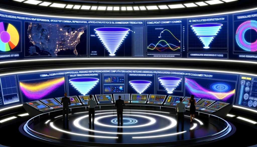 Kontrollraum mit digitalen Dashboards, Neonlicht, Marketer analysieren komplexe Funnel-Diagramme und KI-gestützte Kundendatenströme