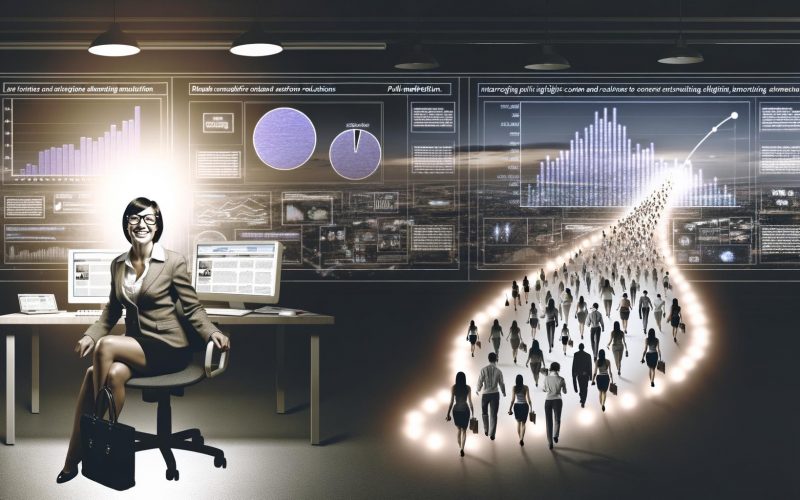 Moderner Büroarbeitsplatz mit Marketer, digitalen Anzeigen, Content-Marketing-Elementen und herannahenden Kunden, Symbol für Pull-Marketing.