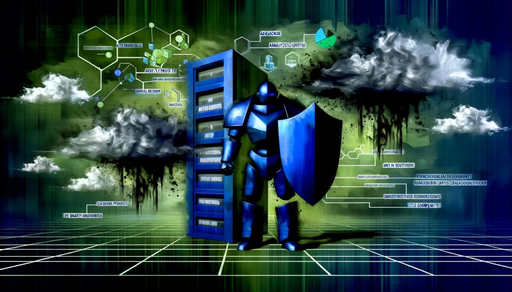 Stilisierte Editorial-Illustration eines gepanzerten Servers als Schutzschild mit Abwehr von Datenlecks, Adblockern sowie DSGVO- und Schrems II-Dokumenten zwischen einer Webseite und den dunklen Wolken von Google, Meta und Adblockern.