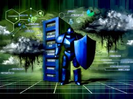 Stilisierte Editorial-Illustration eines gepanzerten Servers als Schutzschild mit Abwehr von Datenlecks, Adblockern sowie DSGVO- und Schrems II-Dokumenten zwischen einer Webseite und den dunklen Wolken von Google, Meta und Adblockern.