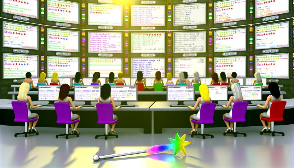 Illustration eines modernen Kontrollraums mit Menschen an Monitoren, digitalen Sitemaps, JSON-LD Codes und Google-SERPs mit Rich Snippets, im Vordergrund ein ungenutzter Zauberstab neben Servern.